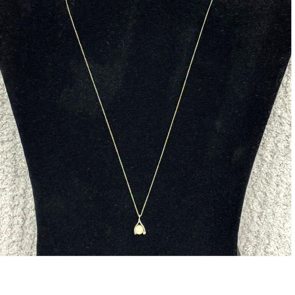 14K Solid White Gold Pearl Wishbone Pendant Necklace 18" *for repair* #80392
